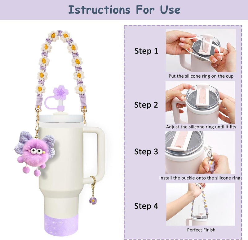 vikgle Stanley Cup Accessories Set for 40oz & 30oz Tumblers - Handle Strap, Spill-Proof Stopper, Silicone Straw Cover, Boot Base Protector, Keychain & Handle Charms(Purple) - Image 2